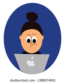 Portrait Of A Girl In A Black-colored Top With Her Eyes Rolled Down Has A Smirk Face While Working On Her Laptop  Vector  Color Drawing Or Illustration