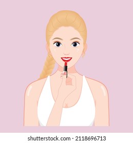 Chica retrato con pelo rubio piel clara, cuidado de la piel naturaleza belleza mujer rubia con lápiz labial rojo