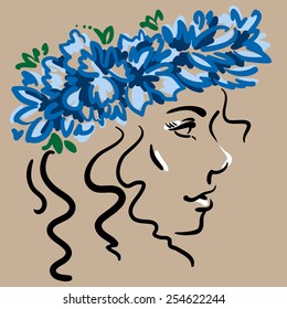 Portrait of a girl in a blue flower wreath. Hand drawn sketch.