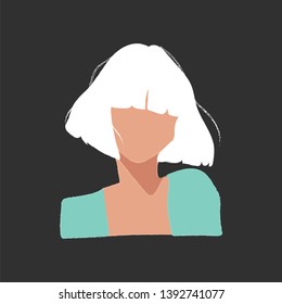 The portrait of a girl in a blue-colored dress  white cropped hair  wheatish-brown skin  has no eyes  nose  and mouth  and set over blue background  vector  color drawing or illustration