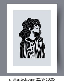 Portrait girl bohemian beauty wall art print. Printable minimal abstract girl poster. Wall artwork for interior design. Contemporary decorative background with beauty.