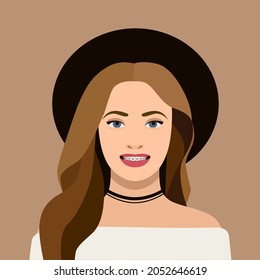 Portrait of a girl with braces on her teeth. Cute girl in a hat smiling broadly and unashamedly showing her braces. Concept of self acceptance, concept of dental care. Flat style vector illustration.