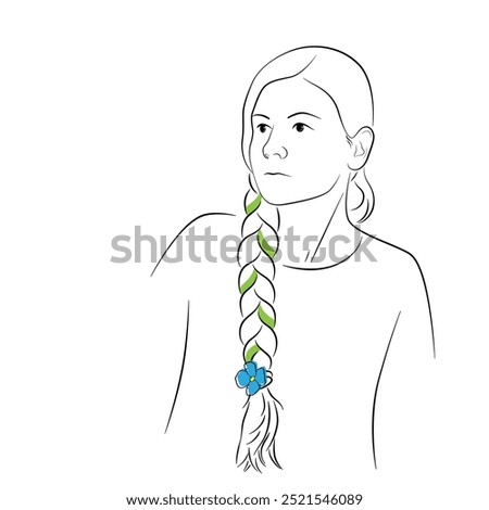 Portrait of girl with braid adorned with green ribbon and blue flower. Isolated minimalist. Serious thoughtful expression. Perfect for themes related to ecology, natural beauty, harmony with nature.