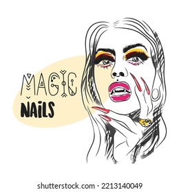 Portrait of a girl with bright makeup, fangs and long nails, magic nails