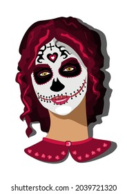 Portrait of a girl with Calavera death mask makeup on the Mexican holiday of the Day of the Dead. Vector illustration.