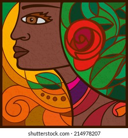 Portrait of a girl from Cape Verde, Africa  Abstract face African girl in profile with flowers on her head.