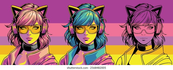 Portrait Girl with Cat Ear Headphones and Stylish Sunglasses in Retro Synthwave Art