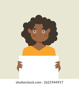 portrait of  girl child holding empty white paper sheet or showing blank sign poster over isolated background. vector and illustration.