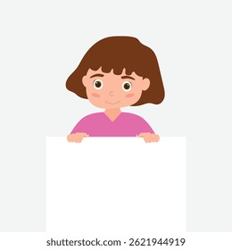 retrato de menina criança segurando folha de papel branco vazia ou mostrando cartaz de sinal em branco sobre fundo isolado. vetor e ilustração.