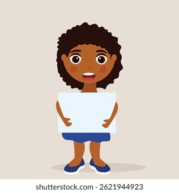portrait of  girl child holding empty white paper sheet or showing blank sign poster over isolated background. vector and illustration.