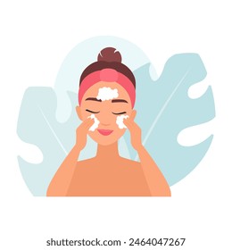 Portrait of girl cleaning facial skin with foam, step in daily cleansing routine vector illustration