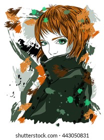 Portrait of a girl in a coat. A girl with short red hair. Vector fashion illustration on abstract background.  Print for T-shirt