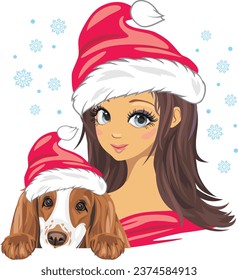 Portrait of a girl with a cocker spaniel dog in Christmas hats. Vector