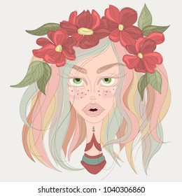 Portrait of a girl with colorful hair and flower crown vector in spring and fall colors