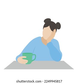 Portrait of a girl with a cup in her hands at the table, flat vector, isolated on white, faceless illustration, coffee break
