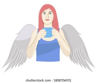 Portrait of a girl with a cup of tea in her hands and wings behind her back