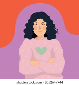 Portrait of a girl with curly brunette hair. The young woman folded her arms. Vector flat illustration. Decorative cute illustration for children.