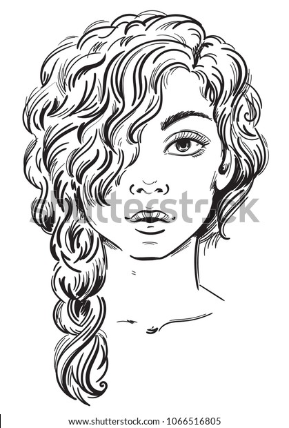 Portrait Girl Curly Hair Pigtail Sketch Stock Vector