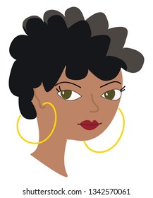 Portrait of a girl with dark curly hair and golden earrings vector illustration on white background 