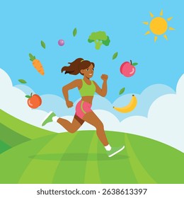 Portrait of a girl with dark skin color running, flat style, healthy eating and lifestyle idea