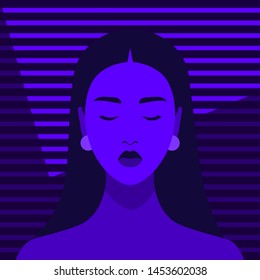 Portrait of a girl in depression. Sad, dark and gloomy avatar of a young woman with closed eyes. Vector flat illustration