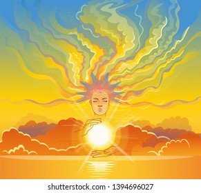 Portrait of a girl with diadem. She is holding the sun, her hair is clouds. Vector illustration.