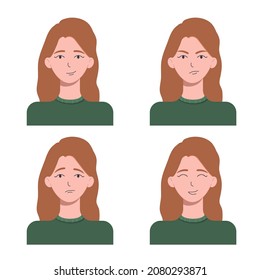 Portrait of a girl with different emotions. Set of flat illustrations. Calm face, happy, angry, sad. Redhead girl expresses emotions. Vector illustration