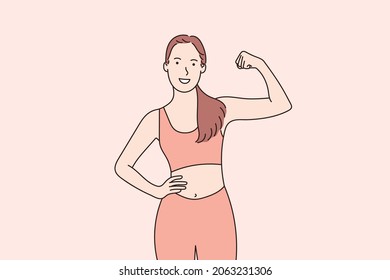 Retrato de una chica haciendo yoga mirando la cámara sonriendo y mostrando músculos. Ilustraciones de diseño vectorial de estilo dibujado a mano.