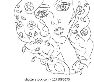 portrait of a girl drawing lines, vector, white background