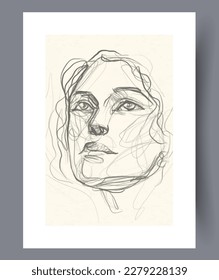 Portrait girl drawn face wall art print. Wall artwork for interior design. Printable minimal abstract girl poster. Contemporary decorative background with face.