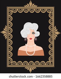 Portrait of a girl dressed in the style of the 20s in a frame with art deco style, vector illustration
