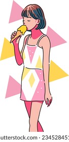 A portrait of a girl enjoying ice cream, drawn in anime style. Her expressive eyes and joyful smile capture a moment of delight, reflecting a youthful charm and innocence that's appealing and fun.