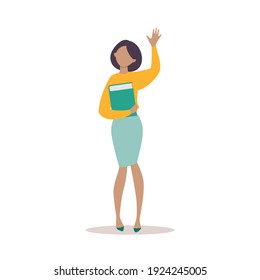Portrait of a girl. Flat illustration of a girl waving her hand and holding a book isolated on a white background. Vector 10 EPS.