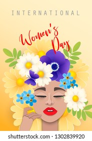 Portrait of girl with flowers on her head. Face girl and flowers cut from paper. Cute spring postcard with woman's day. Vector illustration paper cut style. 