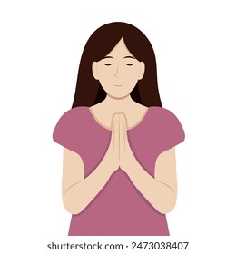 Portrait of a girl with folded hands in prayer, isolate on white, simple illustration, flat style, minimalism
