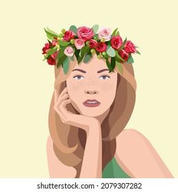 Portrait of a girl with freckles and a flower wreath on her head. Young woman with flowers in her hair. Template for spring banner, postcard, poster, invitation. Happy Women's Day.Vector illustration.