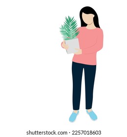 Retrato de una niña en pleno crecimiento con una maceta de flores en sus manos, vector plano, aislada en una ilustración blanca sin rostro