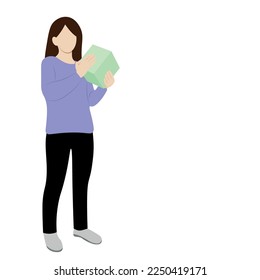 Portrait of a girl in full growth with a small box in her hands, flat vector, isolate on white, faceless illustration, delivery, minimalism