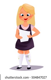 Portrait of girl get perfect test results with A plus.  paper  the top grade. Vector flat illustration.
