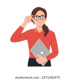 Portrait of a girl in glasses wearing casual outfit, holding a laptop, flat illustration of studying at home during lock down. Flat vector illustration isolated on white background