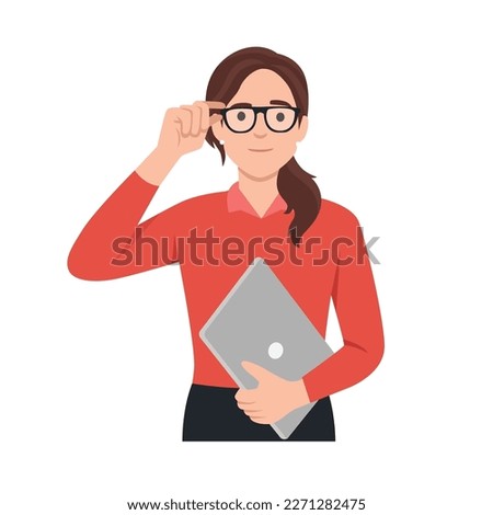 Portrait of a girl in glasses wearing casual outfit, holding a laptop, flat illustration of studying at home during lock down. Flat vector illustration isolated on white background