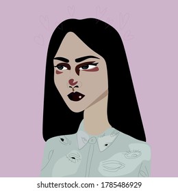 Portrait of a girl in the Gothic style with bruised eyes and dark hair on a pastel pink background.Vector illustration