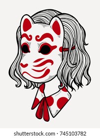 Portrait of a girl in graphic mask of japanese cat drawn in red - black colors isolated on white background. Traditional attribute of asian folklore. Vector illustration.