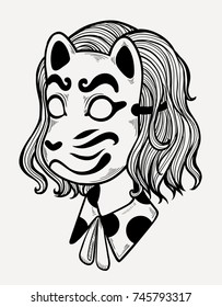 Portrait of a girl in graphic mask of japanese cat, isolated on white background. Traditional attribute of asian folklore. Vector illustration.