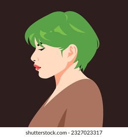 portrait of girl with green short cut hairstyle, bixie, bob pixie. side view. suitable for avatar, social media profile, print, etc. flat vector graphic.