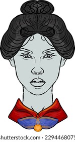 Portrait of a girl with a hairstyle, symmetrical face, torn black contour
