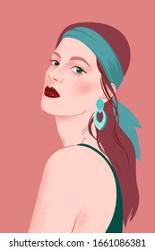 Retrato de una chica con pañuelo en la cabeza. Joven mujer hermosa con maquillaje, labios rojos y pelo largo sobre fondo rosa. Ilustración vectorial plana moderna. Posada modelo de moda, mirada de belleza.