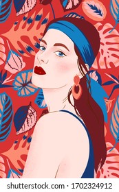 Portrait of a girl with handkerchief on her head. Young beautiful woman with makeup, red lips and long hair on tropical background. Modern flat vector illustration. Fashion model pose, Beauty look.