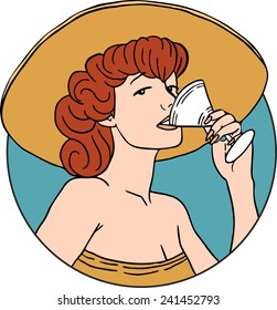 portrait of a girl in a hat drinking from a glass