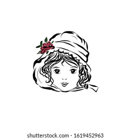 Portrait of a girl in hat with flower in vintage style. Coloring page. 